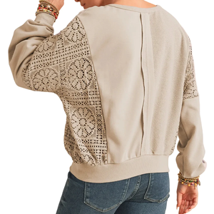 Haut tricoté à col rond et manches longues pour femme avec manches en dentelle, couleur unie, décontracté, respirant, en coton et fibre de bambou, pour l'automne - Product Image 4