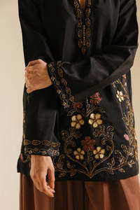 Black Embroidered Silk Wrinkle Free Formal Kurta Brown Wide Leg Pants Set Traditional Indian Pakistani Girls' Loose Fit - Product Image 5