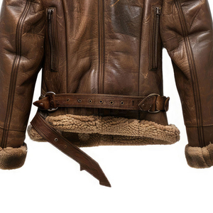 Veste d'aviateur en cuir véritable pour homme, doublée en sherpa, imperméable, avec garniture en fourrure, coupe-vent, style motard, fermeture à boucle et fermeture éclair - Product Image 2