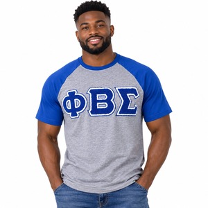 T-shirt Raglan Gris et Bleu Royal pour Homme avec Broderie Chenille Lettres Grecques, Col Rond, Manches Courtes, Tenue d'Équipe de Fraternité - Product Image 1