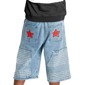 Custom Logo Vintage Washed Denim <b>Shorts</b> for <b>Men</b> Hot Mid-Waist Acid Wash Rhinestone <b>Patches</b> and Rivets Made of Cotton - Product Image 4