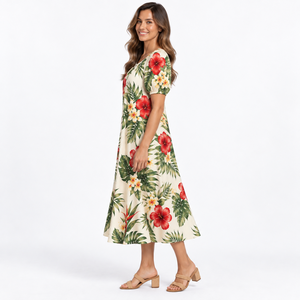 Floral Print A-Line Dress O-Neck Short Sleeve Tea-Length Summer Casual Women's Dress wholesale rate best selling custom - Product Image 3