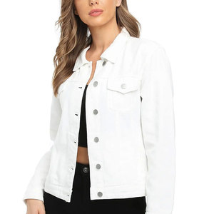 White Denim Trucker <b>Jacket</b> <b>Women</b> Full Sleeve Button Front Turn-down Collar Spring Short Length Solid Color Cotton Woven <b>Jacket</b> - Product Image 2