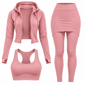 Women's 3-Piece <b>Yoga</b> Set Cropped Hoodie Sports Bra Skirted <b>Leggings</b> Solid Pink Quick Dry Seamless High Waist Full Length - Product Image 1