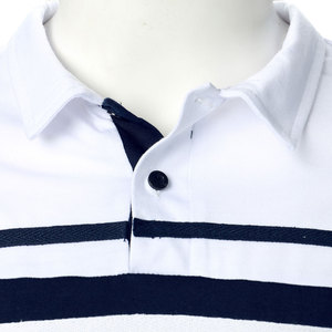 Chemise à rayures pour homme, manches courtes, coupe ajustée, bordure contrastée, décontractée, tricotée, bleu marine et blanc, design bicolore - Product Image 4