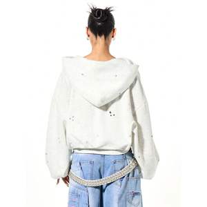 เสื้อฮู้ดซิปผู้หญิงไซส์ใหญ่สไตล์วินเทจ ประดับคริสตัล ล้างสีแบบวินเทจ ดีไซน์ ELLE ทรงโอเวอร์ไซส์ ไอเท็มจำเป็นสำหรับฤดูหนาว ตกแต่งห่วงโลหะ ขายดี - Product Image 2