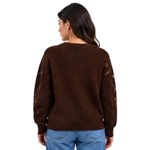 Pull en tricot à paillettes marron chocolat pour femme, manches longues, col rond, pull scintillant, pull décontracté à la mode pour l'hiver - Product Image 3