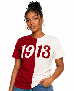 เสื้อยืดสีแดงเข้มและสีครีม ลายตัวอักษร Delta/sigma/theta ผ้าฝ้าย DST 1913 ลายกรีกเชนิลล์ สำหรับพี่น้องสตรีนักศึกษา  ซีสเตอร์ฮู้ด  เสื้อยืดเดลต้า - Product Image 1