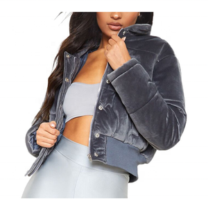 Denim <b>Bomber</b> <b>Jacket</b> Women Short Quilted Stand Collar Full Sleeve Zipper Closure Autumn Winter Solid Color Fashion Outerwear - Product Image 1