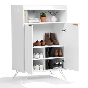 Scarpiera in stile rustico con pannello a griglia, due ante, parte superiore aperta, due ganci, corpo in truciolato e anta in MDF termoformato - Product Image 1