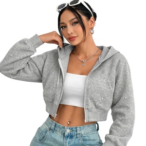 High Quality Y2K Cropped Zip Hoodie Women 100% Cotton Fleece Minimal <b>Rhinestone</b> Oversized Streetwear Crop Hoodies <b>Jacket</b> - Product Image 1