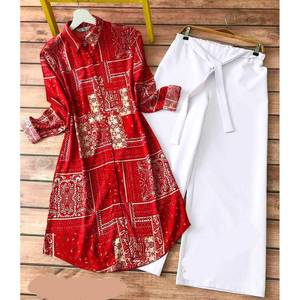 TOP DE TRABAJO CON ESTAMPADO DIGITAL DE ALGODÓN DE DISEÑADOR CON PALAZZO ROJO - Product Image 1