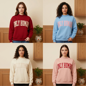 Women's Light Blue Crew Neck <b>Sweatshirt</b> With <b>Pink</b> "Only Human" Letter Custom College Mock Neck Pullover With Embroidery Logo - Product Image 5
