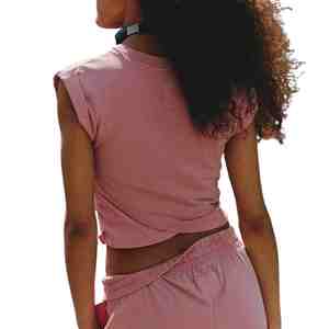Stretch Knitted Activewear Women's 2-Piece Pink Sporty <b>Set</b> Short Sleeve Crop Top Full Length Pants Breathable Summer Workout <b>Set</b> - Product Image 3