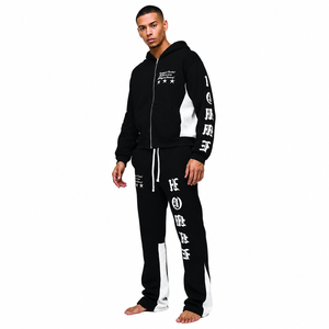 Conjunto Deportivo para Hombre con Capucha en Contraste Blanco y Negro, Sudadera con Cierre Completo y Pantalones, Estilo Urbano con Estampado de Letras, Corte Regular, Ropa de Otoño - Product Image 1