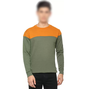 Sweat-shirt en molleton colorblock pour homme, personnalisé, vert olive et jaune moutarde contrastant, col rond, pull décontracté, vente en gros - Product Image 1
