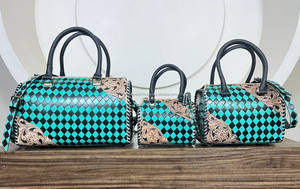 Bolsa de Viaje Grande de Cuero Genuino con Diseño a Cuadros Turquesa y Negro, Bolsa de Viaje de Cuero Hecha a Mano para Mujer - Product Image 5