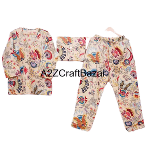 Conjunto de ropa de dormir de algodón con estampado Floral para mujer, vestido con cuello en V y manga larga, pijama completo con cintura elástica para primavera y otoño - Product Image 1