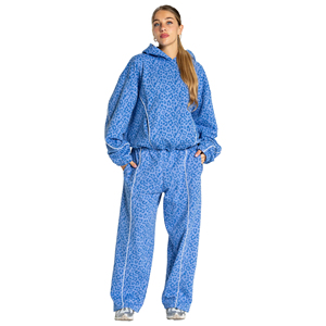 Ensemble survêtement streetwear deux pièces pour femme, sweat à capuche et pantalon oversize à imprimé léopard bleu délavé, 100% coton, décontracté, hiver - Product Image 1