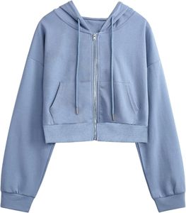 Sudadera con capucha corta negra para mujer, de manga larga, con cremallera, de color liso, de punto, para otoño - Product Image 3