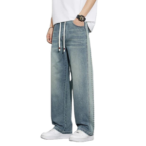 Men's Vintage Loose Fit Baggy Straight Denim Pants Summer Thin Soft Wide Leg <b>Jeans</b> <b>Elastic</b> Drawstring <b>Waist</b> Streetwear Winter - Product Image 4