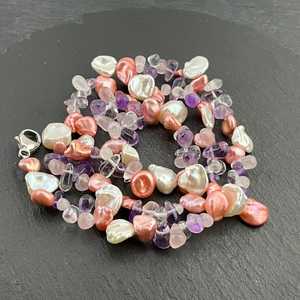 Collar de Plata de Ley con Perlas Vintage, Amatista, Cuarzo Rosa, Joyería Hecha a Mano con Múltiples Piedras Preciosas, Elegante Regalo para Mujer - Product Image 2