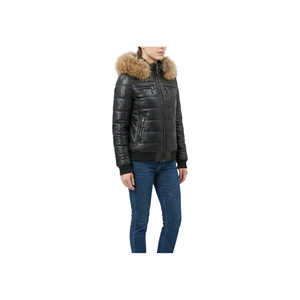 Chaqueta de Invierno de Cuero Negro Acolchada para Mujer, Estilo Bomber Moderno y Lujoso J-1 - Product Image 1