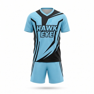 Ensemble de maillot de football pour homme Hawk Eye, bleu clair et noir, col en V, manches courtes, polyester respirant, uniforme adulte toutes saisons - Product Image 1