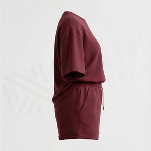 Women's 2 Piece <b>Knitted</b> <b>Set</b> Maroon Crew Neck Short Sleeve T Shirt With Geometric Foil Print And Above Knee Shorts Casual Spring - Product Image 3