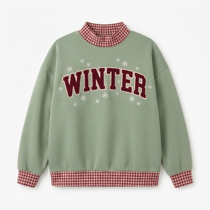 Women's Green Winter Knitted Plaid Embroidered Sweatshirt with <b>Red</b> <b>Gingham</b> Trim Mock Neck Casual - Product Image 1