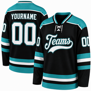 Maillot de hockey sur glace personnalisé noir et turquoise, uniforme d'équipe à manches longues, respirant, séchage rapide, maillot de match, fournisseur de fabrication OEM - Product Image 3