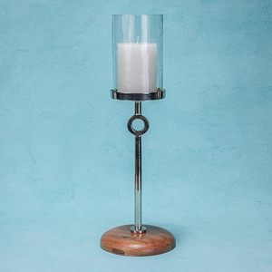 Portavelas Moderno de Vidrio con Base de Madera y Soporte Metálico, Linterna Decorativa para Mesa - Product Image 1
