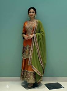 Premium Pure Chinon <b>Silk</b> <b>Kurta</b> Palazzo Set with Digital Print, Real Mirror Hand Work, Embroidery Sequins and Faux Georgette - Product Image 1