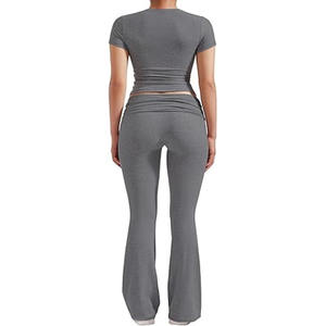 Women's Solid Slim Fit Crop Top and Low Rise <b>Flare</b> Leggings Set High Stretch Windproof Gym Workout Activewear Co Ord Outfit - Product Image 3