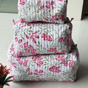Cotton Quilted Floral Printed Cosmetic Toiletry Bag Set <b>Medium</b> <b>Size</b> Multi-Function Travel Toiletry Bag With Zipper Closure - Product Image 3