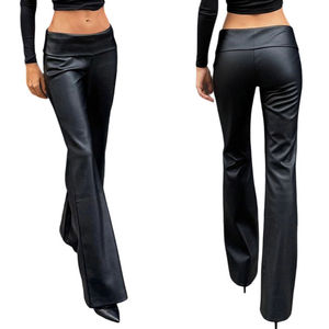 Low Waist <b>Black</b> Leather Flare Pants <b>Women</b> Stretchy Foldover Waistband Bell Bottom <b>Trousers</b> Slim Fit <b>Bootcut</b> Leggings OEM - Product Image 1