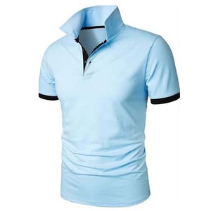 เสื้อโปโลแขนสั้นสีฟ้าอ่อนสำหรับผู้ชาย สีพื้น ลำลอง ติดกระดุมด้านหน้า ทรงปกติ ผ้าฝ้ายทอ - Product Image 2