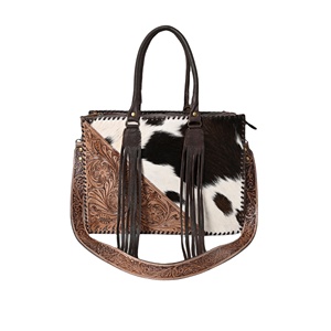 Bolso Tote de Cuero Vacuno Hecho a Mano de Primera Calidad con Parches de Pelo Estilo Western - Product Image 5