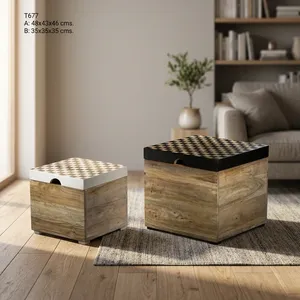 Ensemble de 2 boîtes de rangement en bois artisanal, en bois de manguier texturé, avec couvercles et poignées noires, pour la décoration de la maison - Product Image 6
