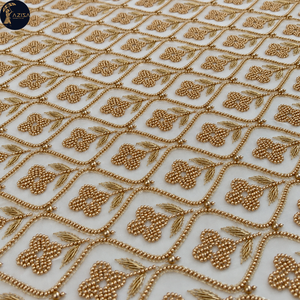 Geometric Gold <b>Beaded</b> Dress <b>Fabric</b> with Floral Motifs and Leaf Embroidery | Decorative Textile for Bridal Gowns and Eveningwear - Product Image 2