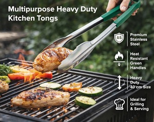 Stainless Steel Kitchen <b>Tongs</b> 40 cm with Heat Resistant Green Handle | Heavy Duty Cooking BBQ & <b>Serving</b> <b>Tongs</b> | Multipurpose - Product Image 3