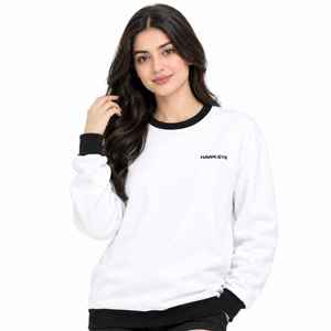 Sudadera Blanca de Cuello Redondo para Mujer, Corte Regular, Color Sólido, Detalles Negros, Estampado de Letras, Ropa Casual de Otoño, Tejido de Punto 100% Algodón - Product Image 1