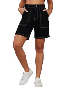 Shorts en jean noir décontractés, coupe ample, écologiques, en coton lavé, pour femmes, longueur genou. - Product Image 1