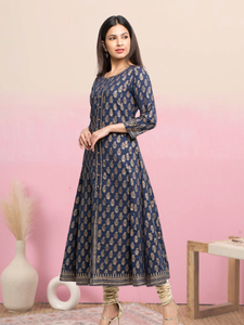 Kurta Anarkali Azul de Algodón para Mujer con Estampado Dorado, Cuello Redondo y Mangas Tres Cuartos, Prenda Étnica Global Informal y Festiva - Product Image 3