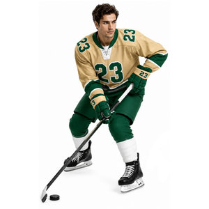 Ensemble de maillot de hockey sur glace pour homme, vert et or, imprimé par sublimation, évacuation de l'humidité, manches longues, uniforme adulte, col en V, coupe classique - Product Image 3