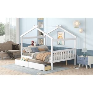 Letto a capanna in legno bianco a grandezza naturale con cassetti per bambini - Product Image 3