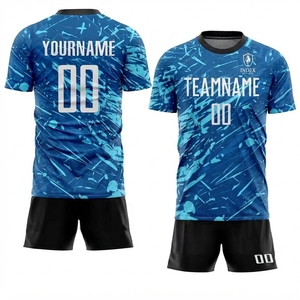 Conjunto de Uniforme de Fútbol Sublimado Personalizado INDEX, Camiseta y Pantalones Cortos con Patrón Azul, Cuello Redondo, Absorbe la Humedad - Product Image 1