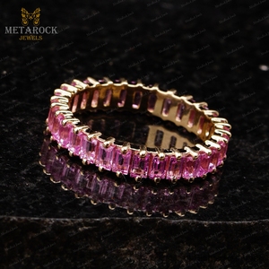 Baguette Cut Genuine Pink Sapphire Gemstone Solid 14k Yellow Gold Handmade Eternity Band <b>Stack</b> <b>Ring</b> Jewelry - Product Image 6