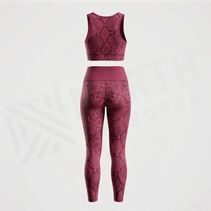 Women's 2 Piece Yoga Set Maroon Animal Print Zip Front Crop Top High Waist Full Length <b>Leggings</b> - Product Image 2