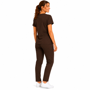 Brown Women's <b>Scrub</b> <b>Set</b> With Pockets Elastic Waist Mid Rise Casual Fit Breathable Polyester Pants And Top Spring Wear - Product Image 3